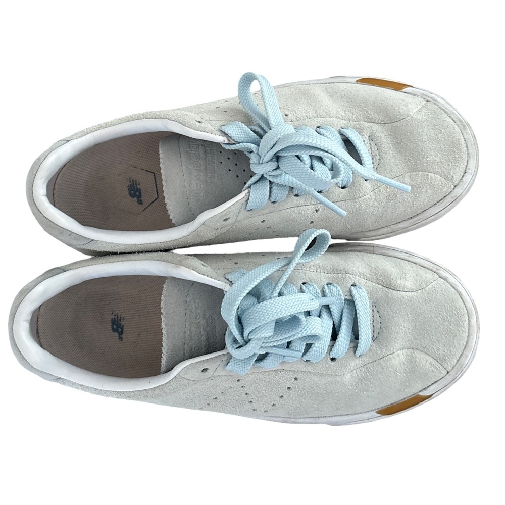 New Balance Light Gray Suede Sneakers with Light Blue Laces